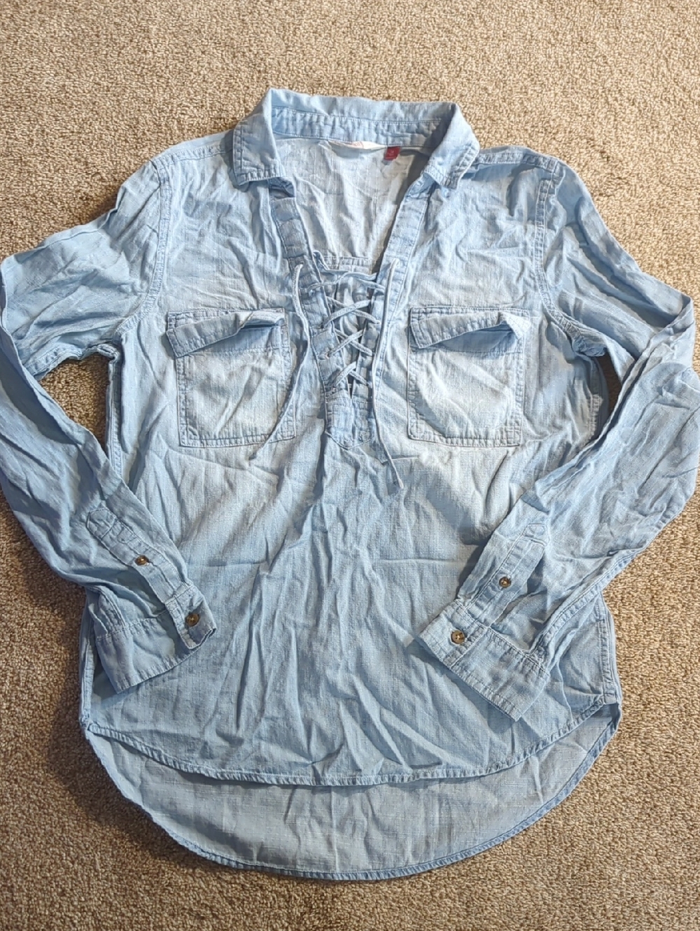 SO Light Blue Lace-Up Chambray Blouse